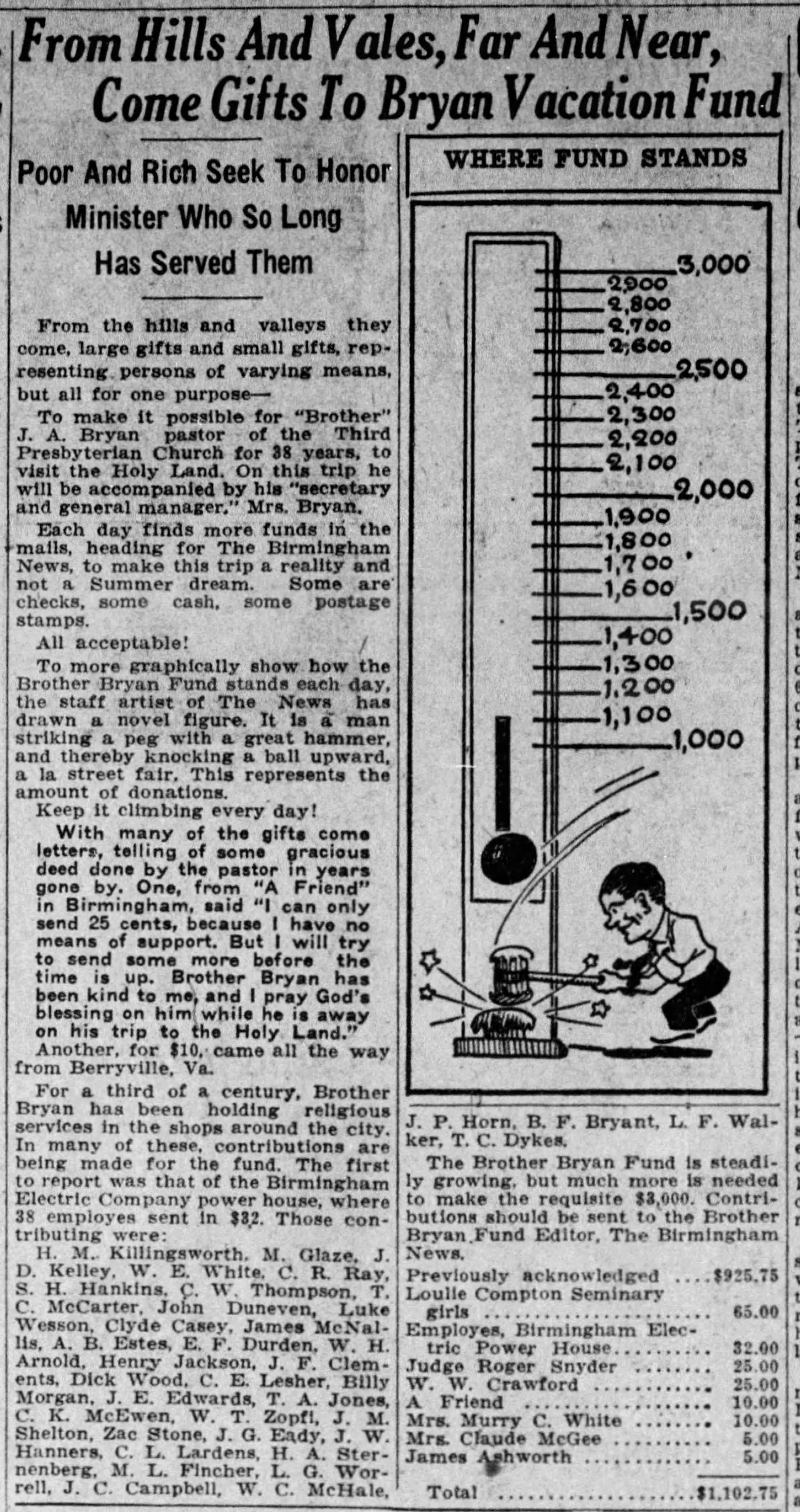 From Hills and Vales, Far and Near, Come Gifts to Bryan Vacation Fund